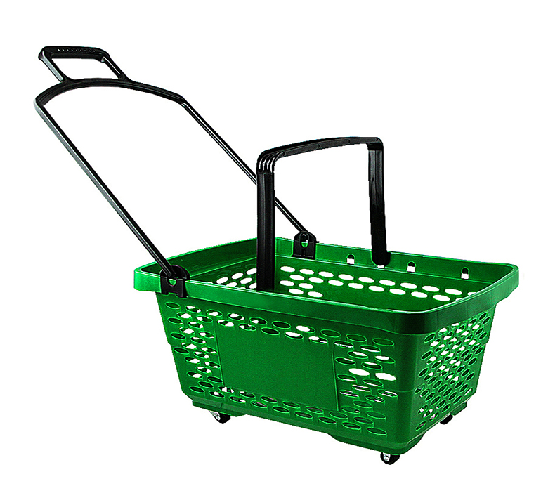 Корзина-тележка пластиковая 28л с пластиковыми ручками на колесах цвет зеленый