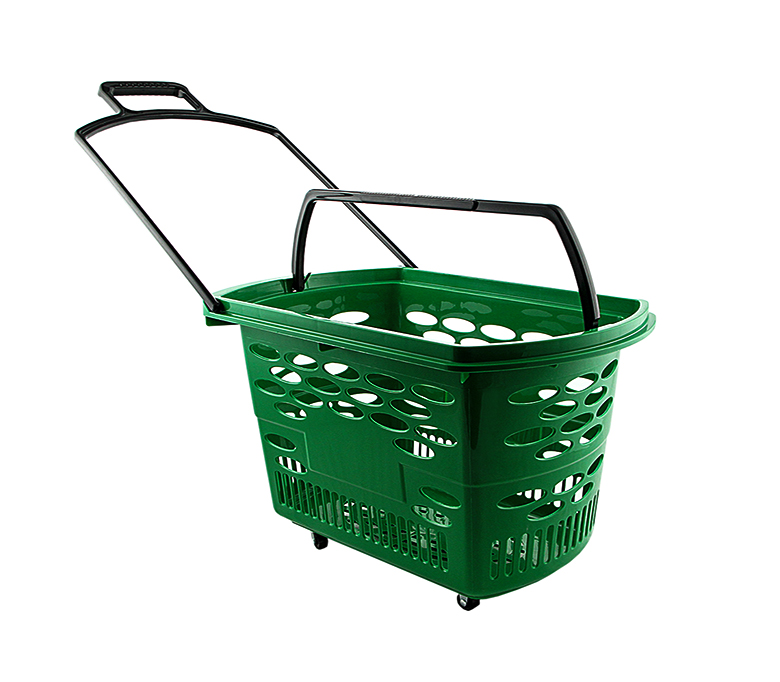 Корзина-тележка пластиковая 38 л с пластиковыми ручками на колесах цвет зеленый
