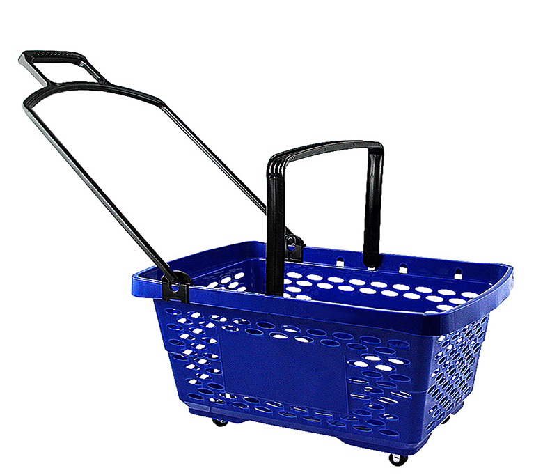 Корзина-тележка пластиковая 28л с пластиковыми ручками на колесах цвет синий